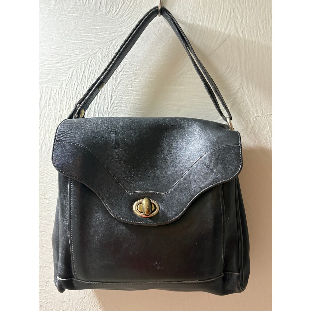 Mr Leather Vintage Black Leather Shoulder Bag Turn Lock Brass Hardware